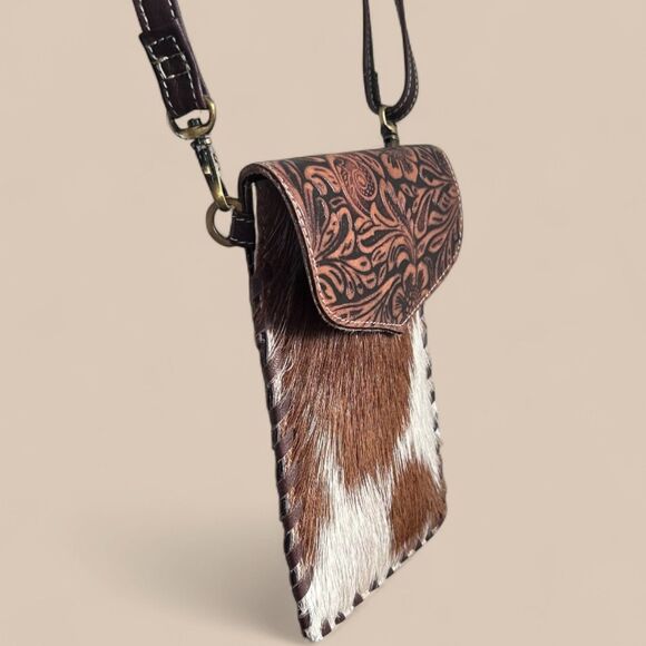 Hand Tooled Cowhide Leather Crossbody Bag Hair-On Hide 8”x5.5” - Picture 1 of 10